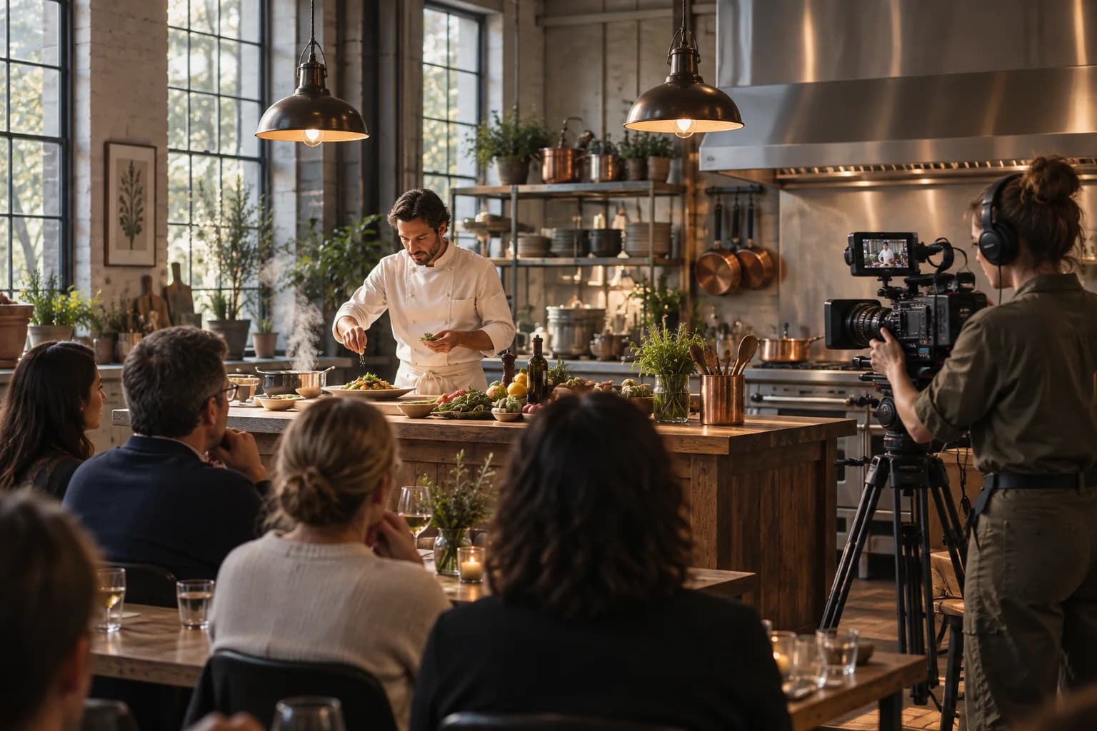 Camera operator filming a chef's demonstration