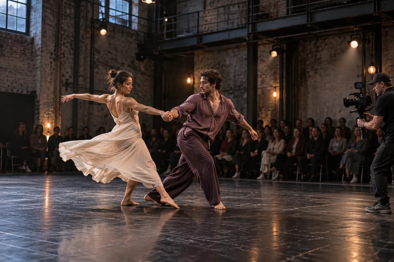 Camera operator filming a contemporary dance duet