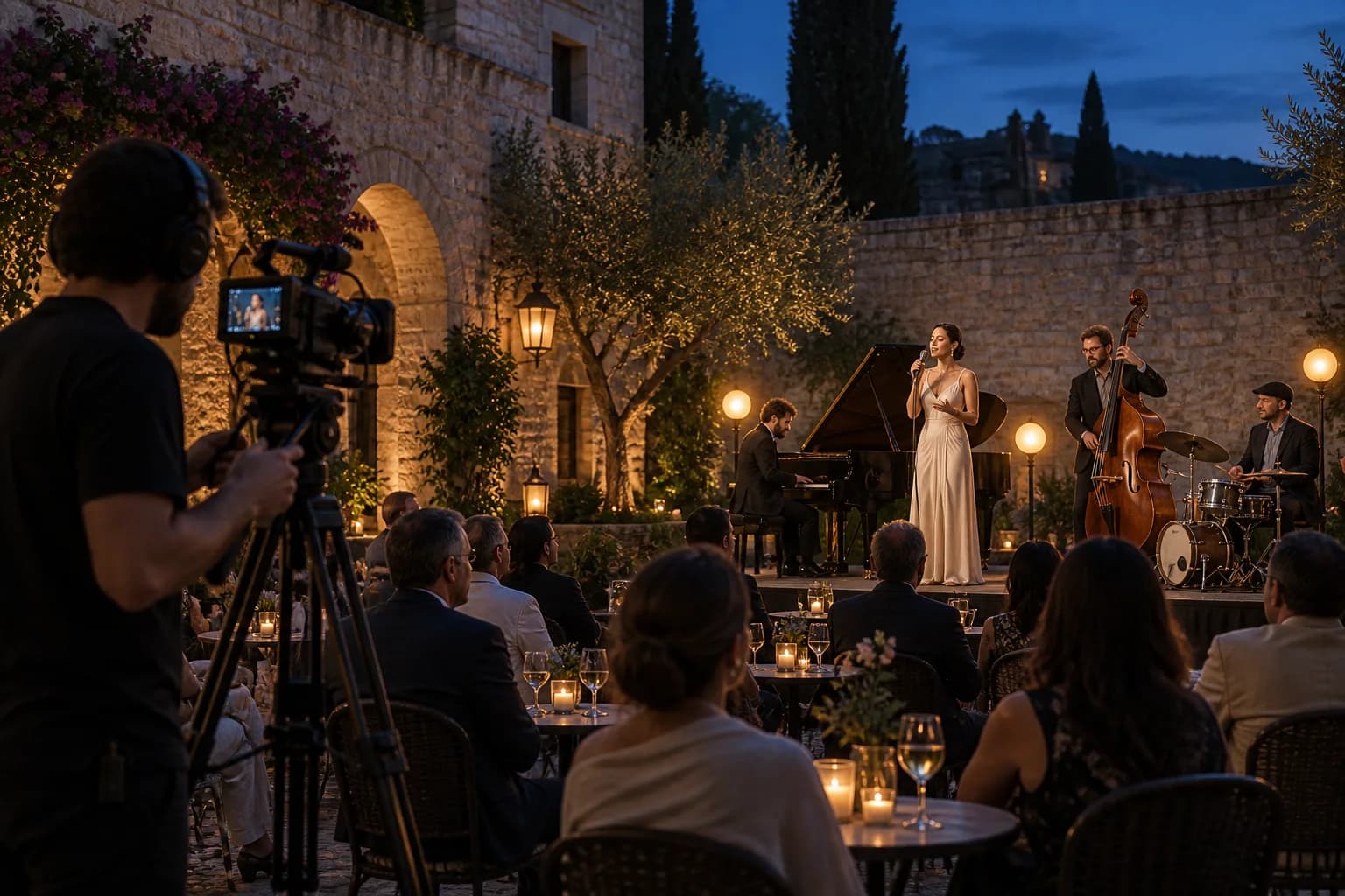 Camera operator filming an outdoor jazz performance at dusk