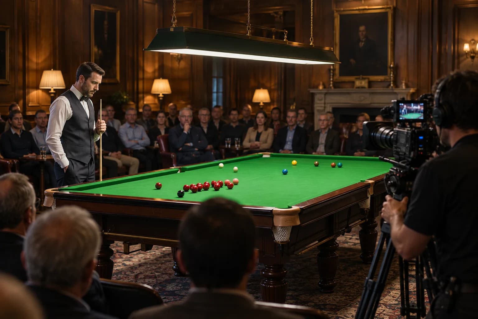 Camera operator filming a snooker player at the table