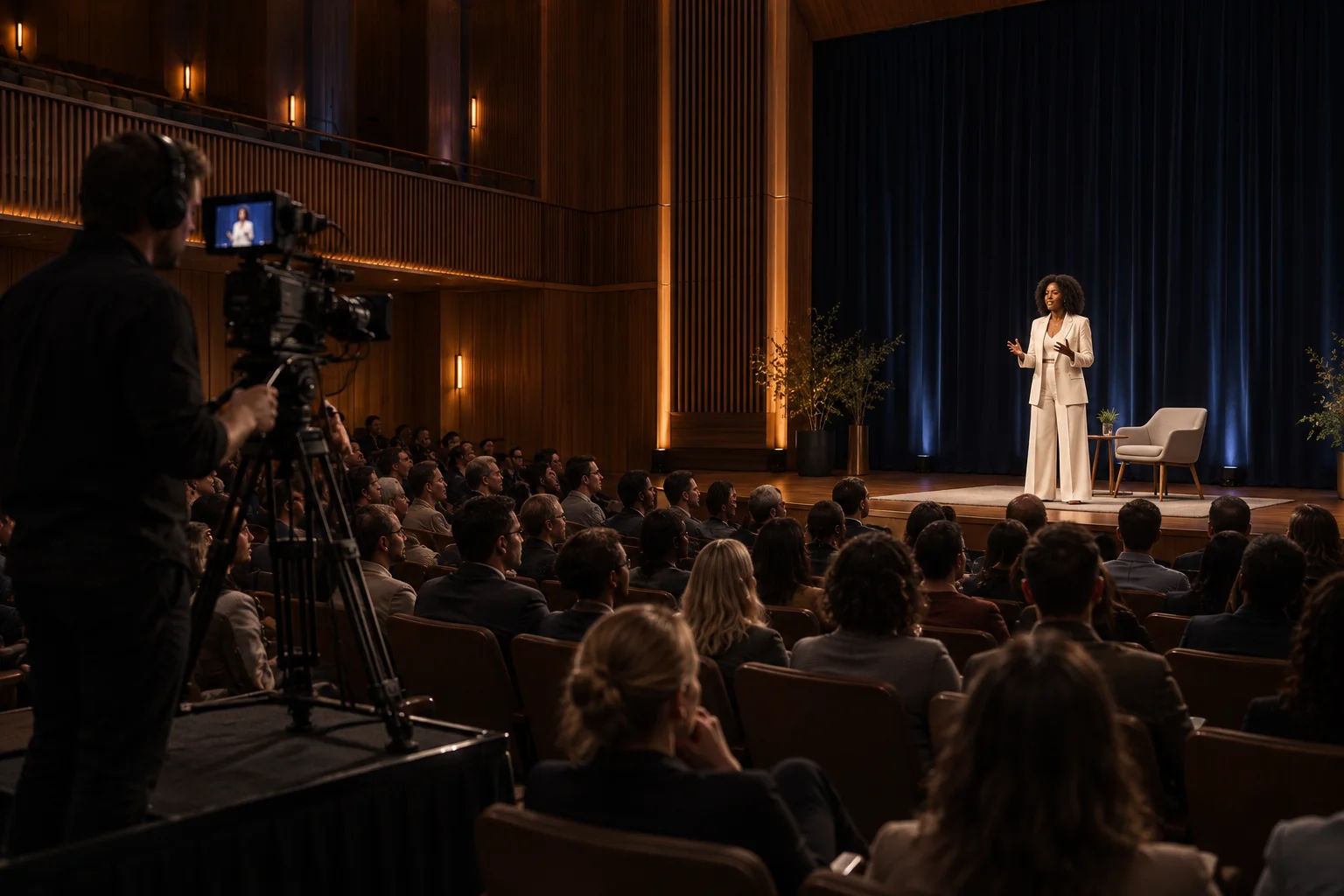 Camera operator filming a speaker in an auditorium