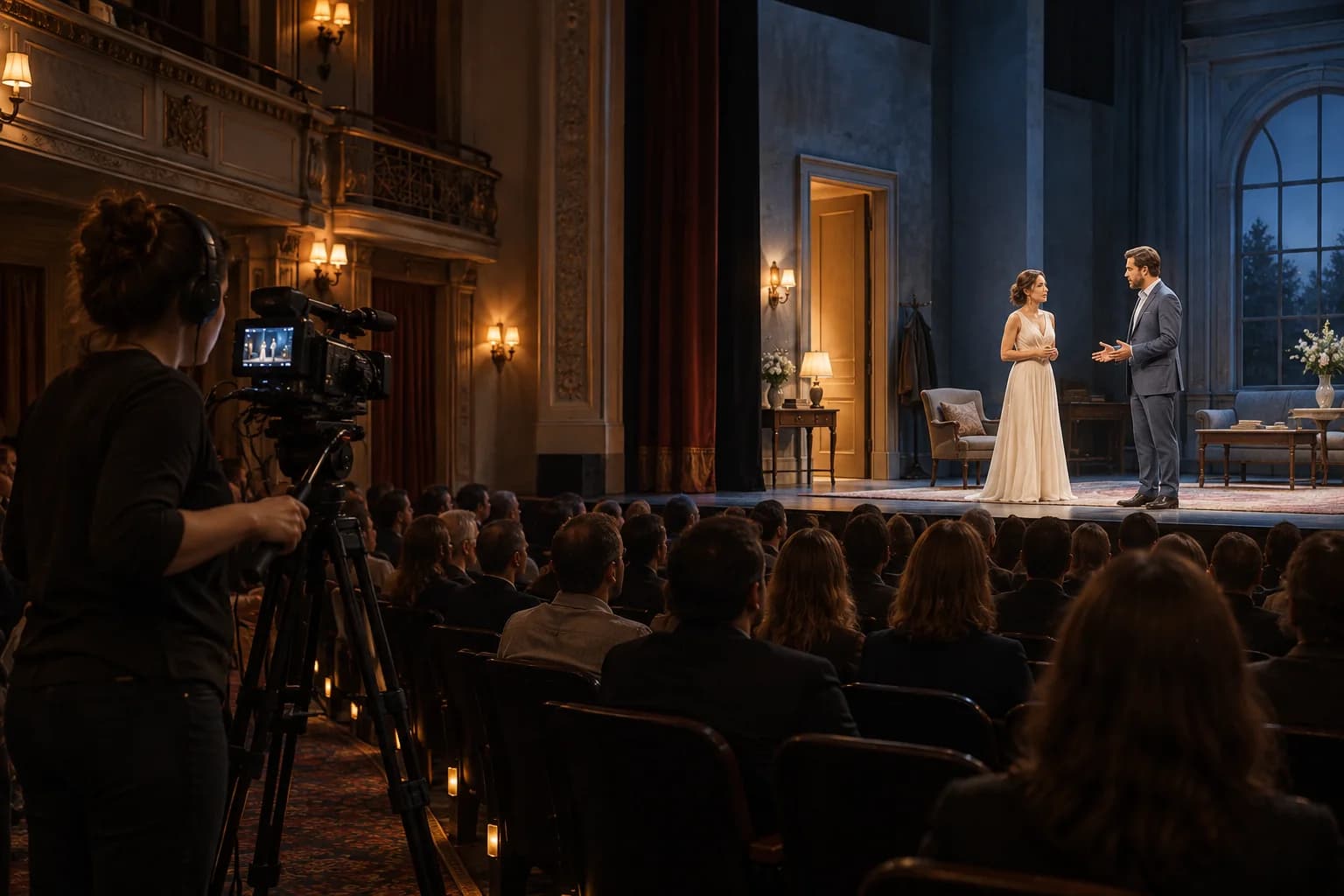 Camera operator filming actors on a theatre stage