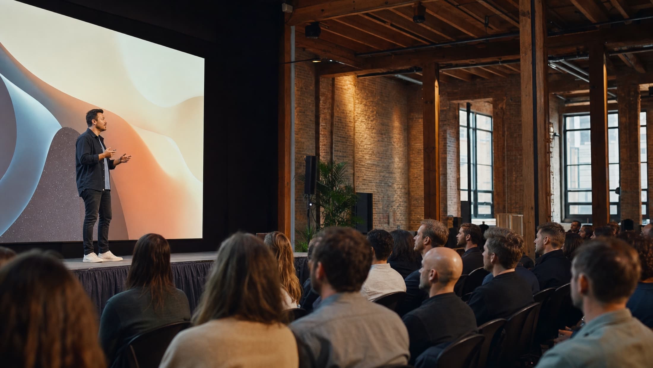 A speaker presenting to an audience in a converted industrial hall