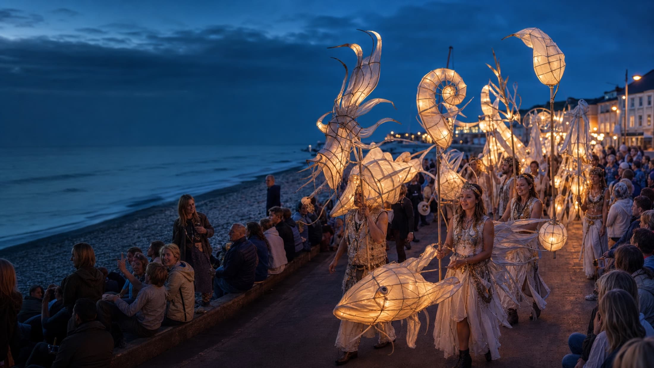 Lantern performers moving along a seafront promenade at blue hour