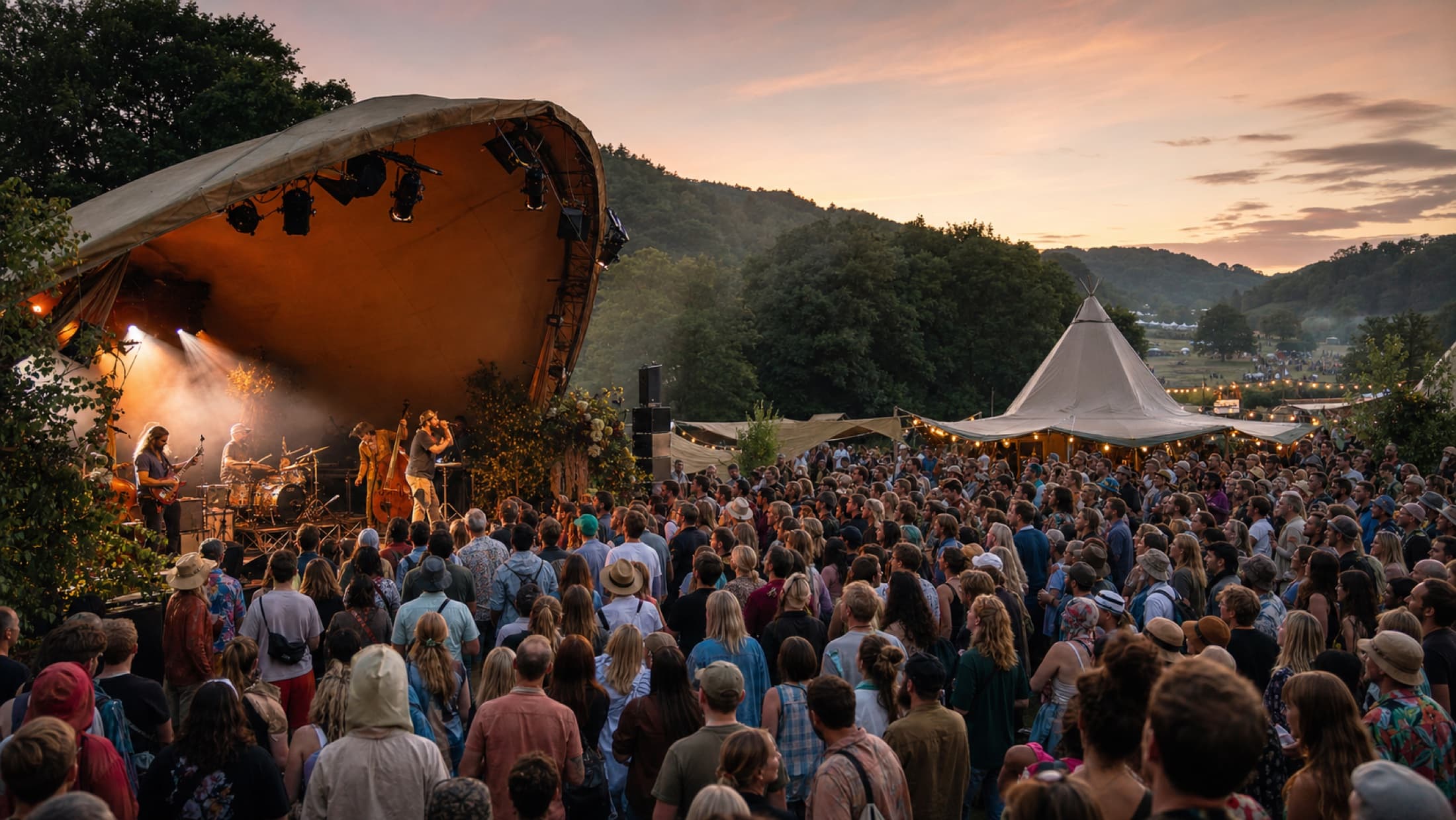 A crowd watching a band perform at a rural festival at sunset